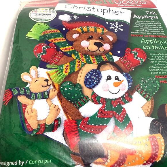 Dimensions 8145 Tobaggan Trio Felt Works Christmas Stocking Kit 18" NEW Sealed - Picture 1 of 6